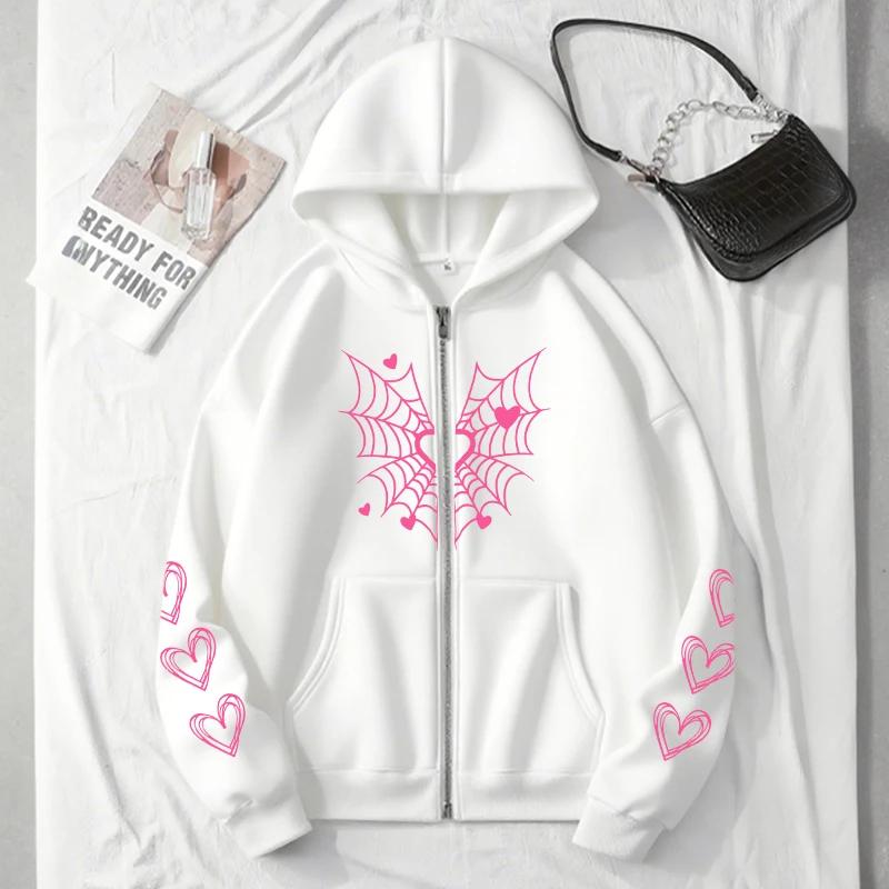 2025 Hot Sale Women's Hoodie Cute Spider Web Heart Print Zip-up Sweatshirt Fall Winter Female Urban Casual Fashion Hooded Jacket