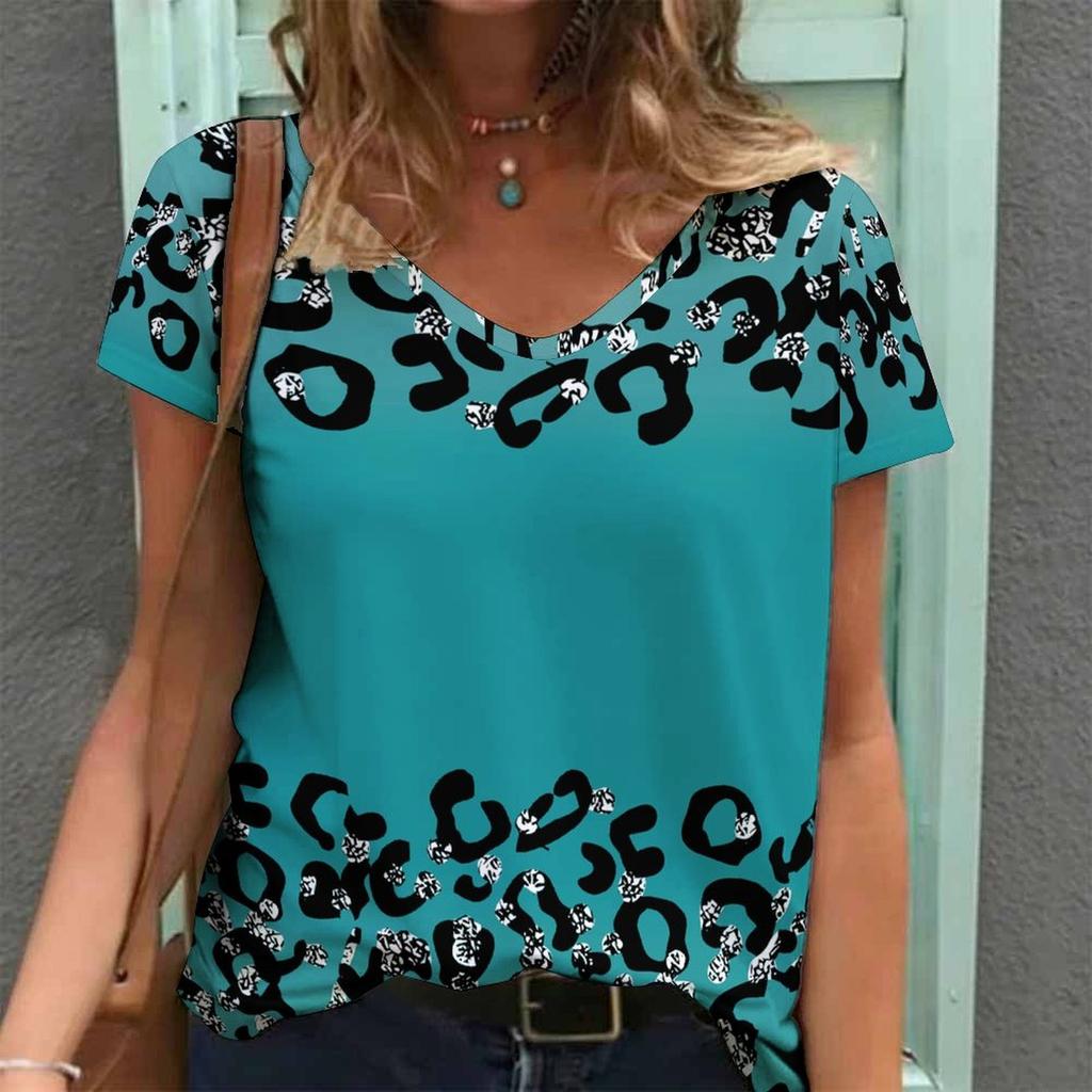 Women Print V Neck Short Sleeve Casual Loose Tunic Tops