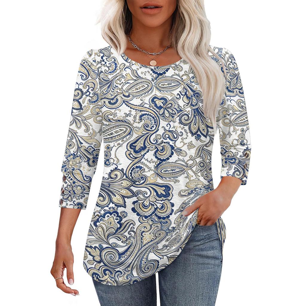 Women's Casual Loose Fit Top Round Neck Three Quarter Sleeve Blouse Button Detail Lightweight Fabric Relaxed Fit