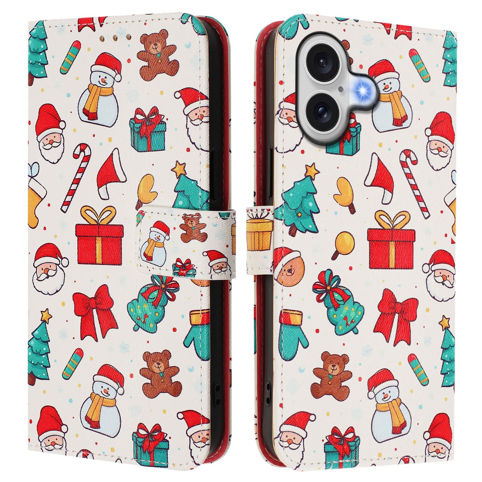For iPhone 17 Wallet Case Christmas Pattern Printing Leather Phone Cover with Lanyard E