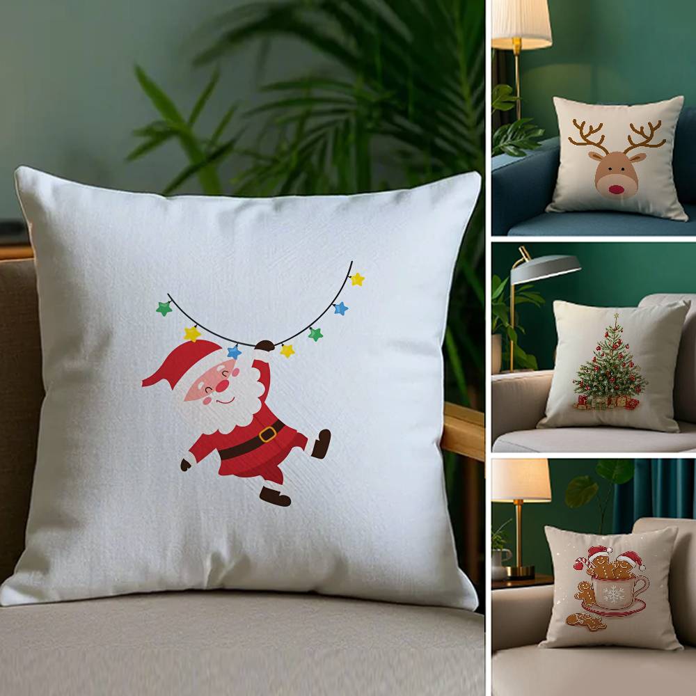 Christmas Santa And Deer Pillow Case Plush Fabric Soft Double Sided Print Sofa Cushion Cover Throw Pillow Covers