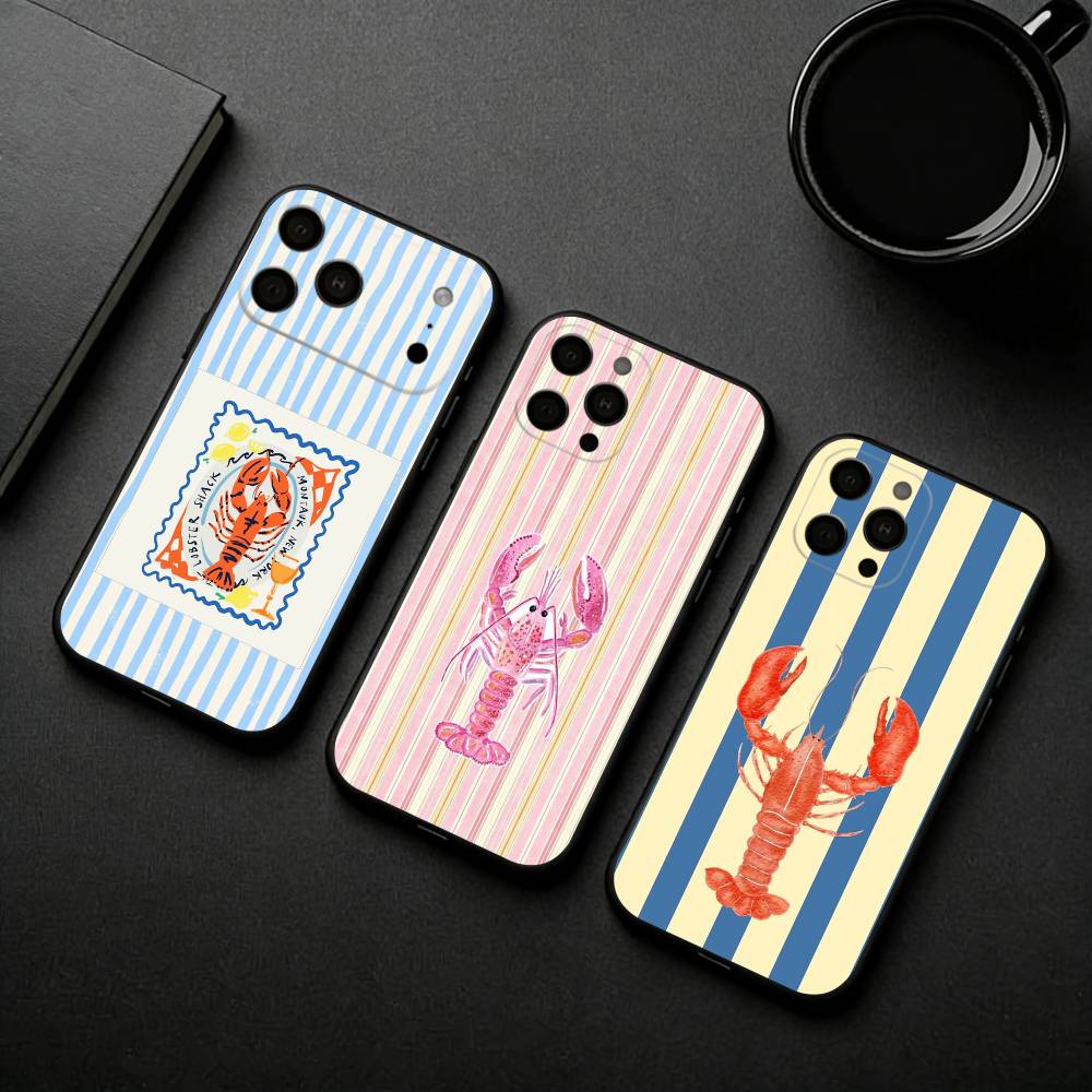 L-Lobster On S-Stripes Ocean Phone Case For iPhone 17pro,16,15,14,13,12,11 Plus,Pro Max,XS,Soft Silicone Black Cover