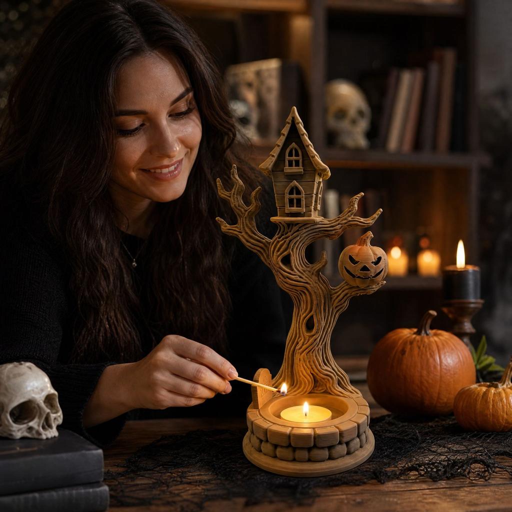 Halloween Tree House Tealight Candle Holder with 3D Printed Pumpkin Tabletop Decor