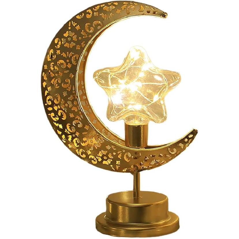 Moon Lamp, Enchanted Lunar Lamp, Crescent Moon LED Light, Moon Table Lamp Half Moon Light Metal Ramadan Star Lamp, Battery Operated Table Lamp for