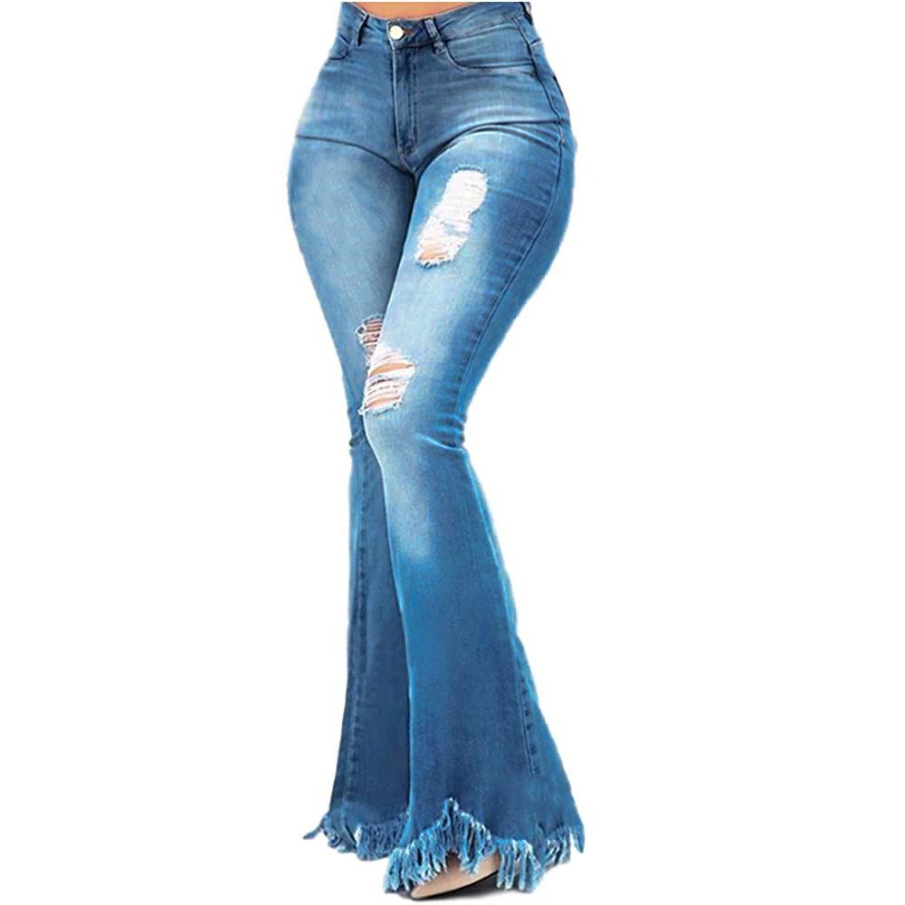 Sexy and Versatile Fashion Slim Fit Ripped Denim Flared Pants for European and American Ladies