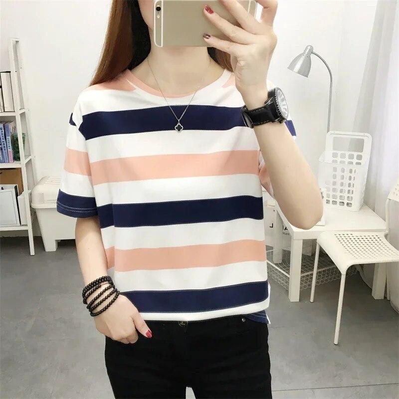 

Футболки в полоску в стиле Харадзюку, женская модная футболка, повседневная свободная рубашка с короткими рукавами, летняя женская одежда с круглым вырезом