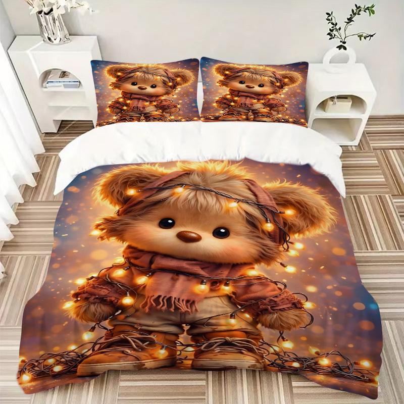 3pcs Christmas Lights Teddy Bear Bedding Set - Includes One Quilt Cover and Two Pillowcases (No Core) - Festive Gift for Bedroom Decor - Pol
