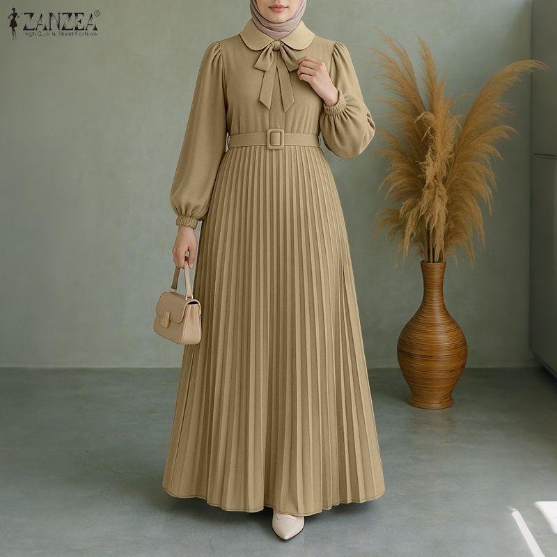 ZANZEA Damen Freizeit Puppenkragen Locker Langarm Muslimisches Langes Kleid