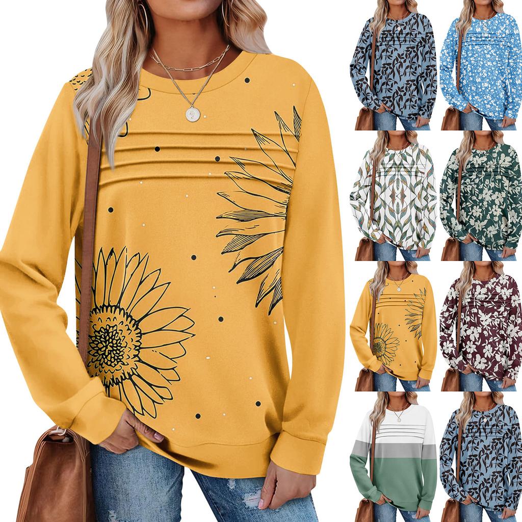 Dámská ležérní mikina s dlouhým rukávem a kulatým výstřihem, přiléhavý plisovaný top