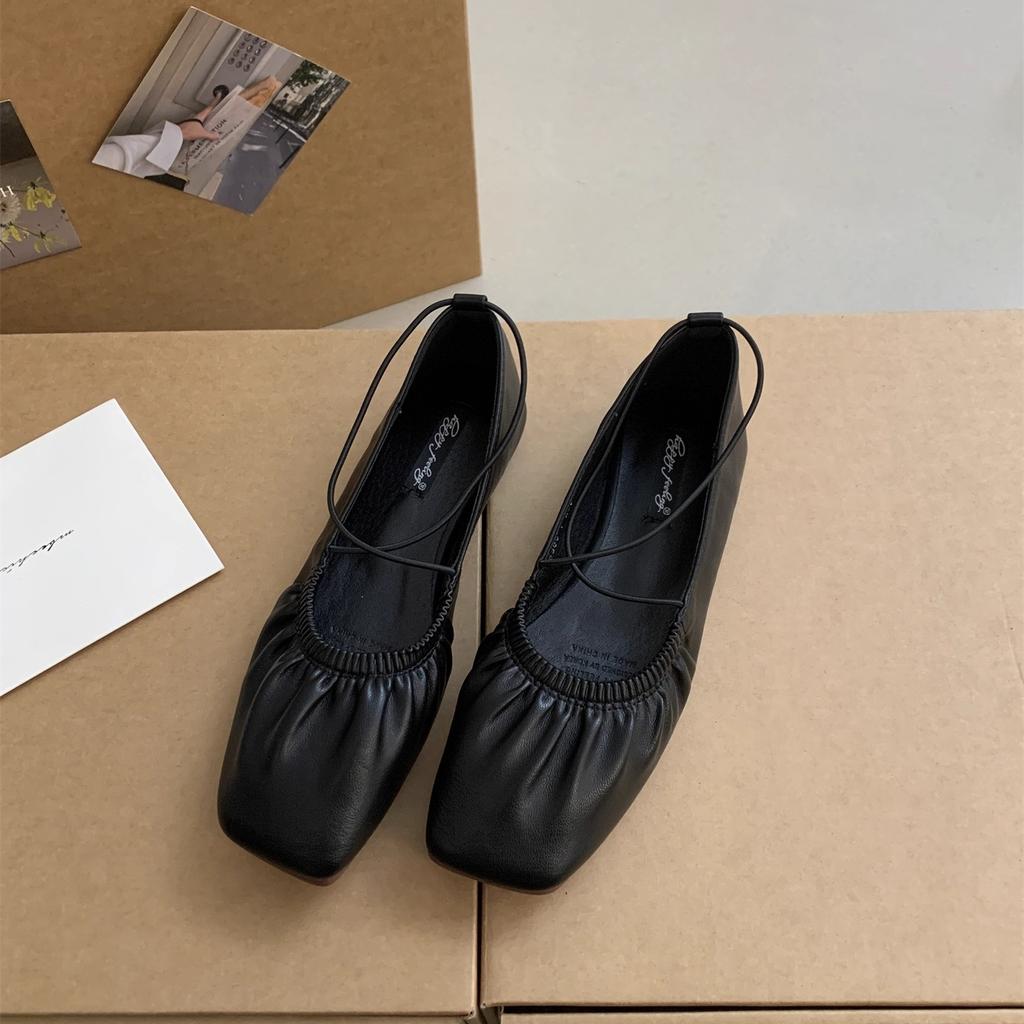 2025 new retro pleated square head retro flat-soled grandma shoes soft-soled single shoes fairy cross-strapped ballet shoes
