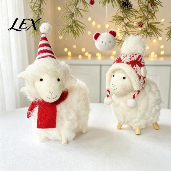 Plush Lamb Decorations White Sheep Christmas Ornament, Cute Knit Hat Tabletop Decoration, Soft Artisan Crafts Fabric Hanging Pendant for Tree, Holiday