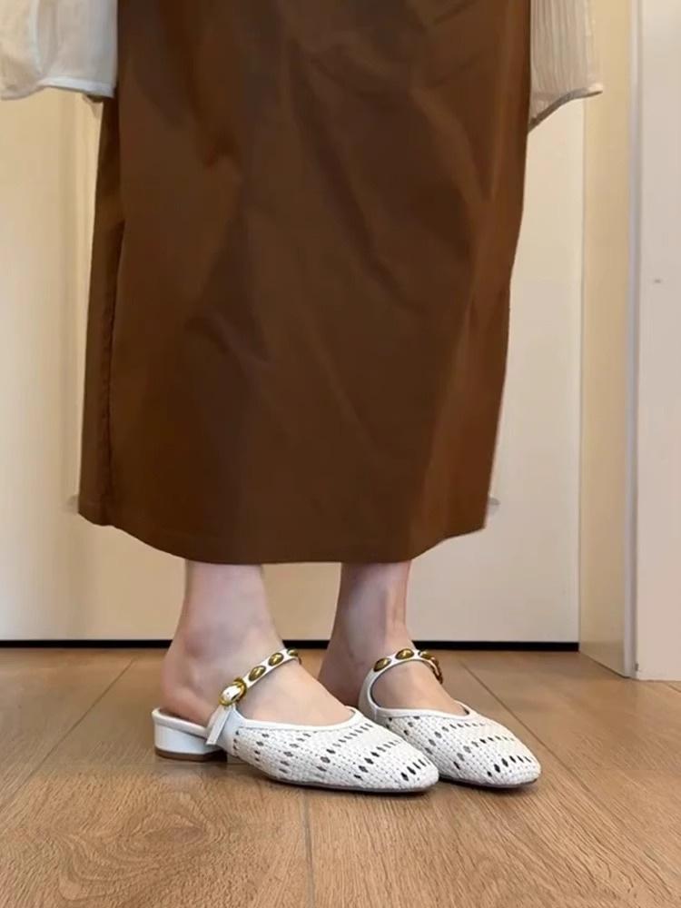 French Square Head Hollow Knitting Word with Sandals Drag Girl 2025 New Lazy with Skirt Slippers