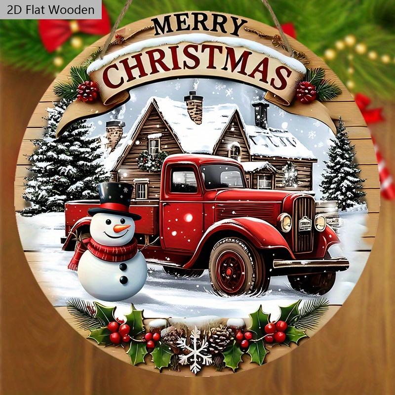 Christmas Wooden Sign with Classic Snowman & House Pattern - Navidad Round Sign for Front Door, Wall Hanging Decor - Ideal Christmas Decoration