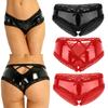 Women Lingerie Wet Look Patent Leather Lace Open Crotch V-Back Mini Briefs Underwear Panties