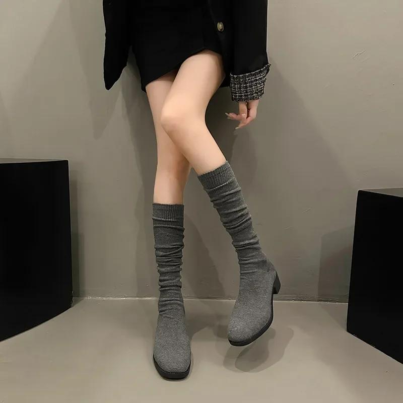 Fashion Knit Thick Heel Square Head Slim Boot Autumn New Style Over Knee Casual Versatile Elastic Socks Boot Women's Boots