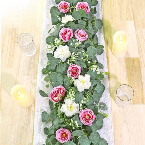 Artificial Eucalyptus Flower Garland with Rose Faux Floral Greenery Garland Fake Rose Flower Vine for Wedding Party Wall Backdrop Decor