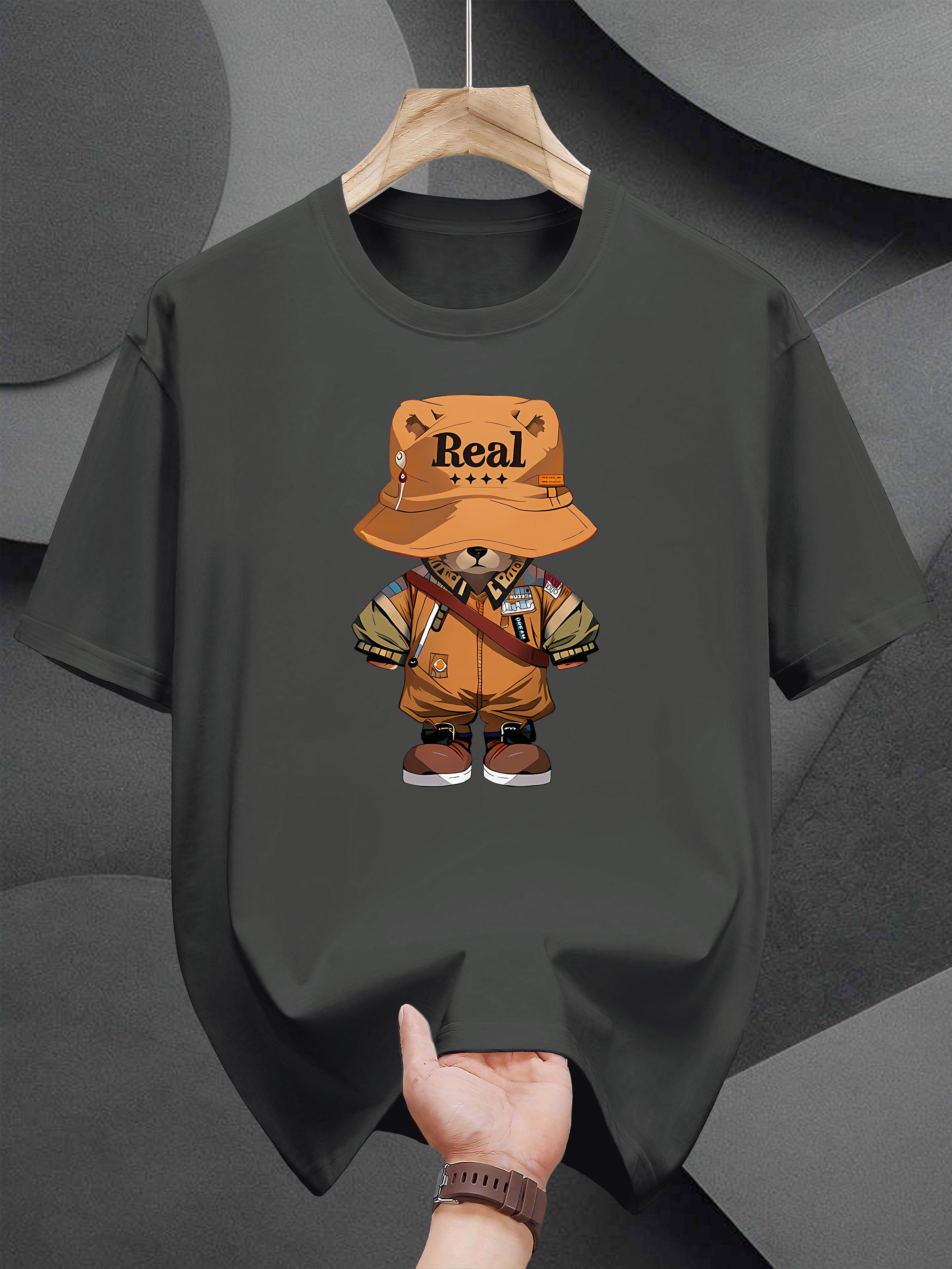 T-shirt with REAL Graphic Print & Cartoon Bear Design - Black Casual Summer Tee XXL