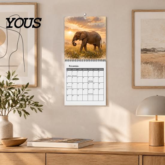 Wildlife Elephant Theme Planner Calendar 2027, 12-Month Wall with Spiral Binding, Thick Paper Monthly Schedule for Home Office, Gift Animal