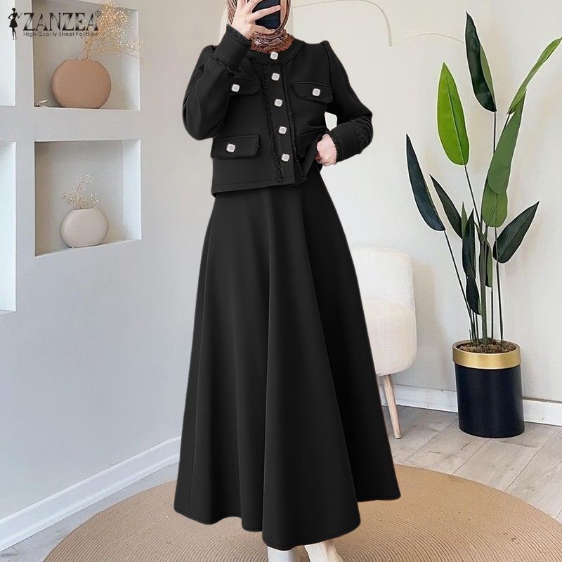 ZANZEA Damen Langarmbluse und Lange Röcke Lässige Zweiteiler Anzugsets