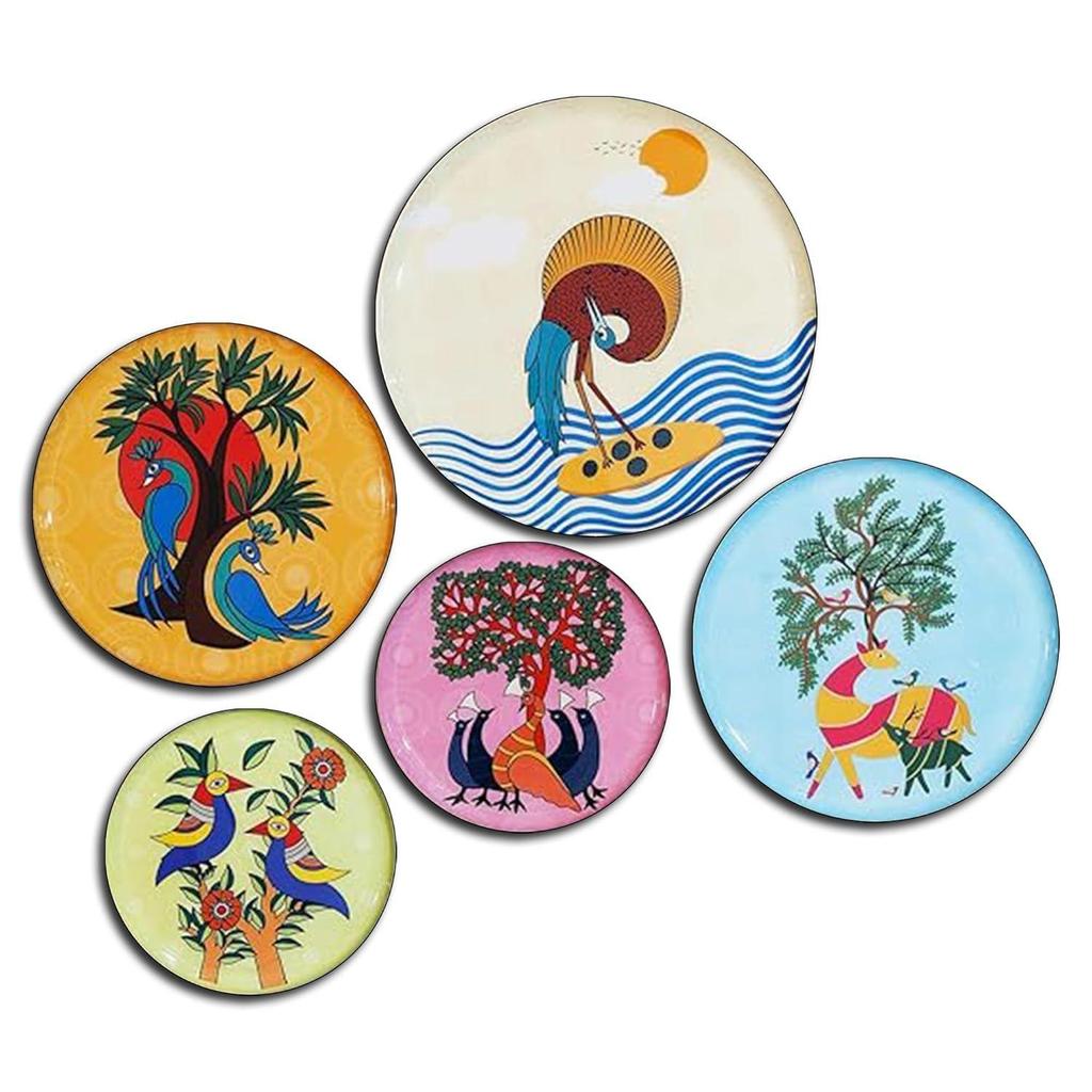 Metal  Wall Plates | Home Decoration | Worli Art Design | Living Room Wall Decoration | Décor Items | Gift Items (Multicolour) (Set of 5)