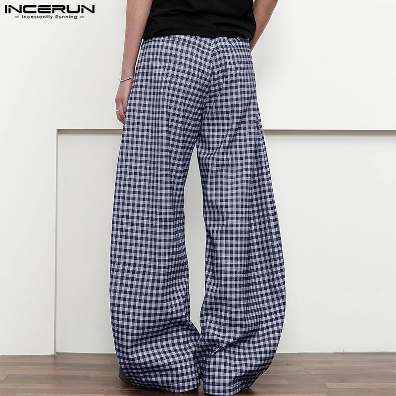 INCERUN Men Zip-up Waist Plaid Print Casual Long Straight Pants Bottoming