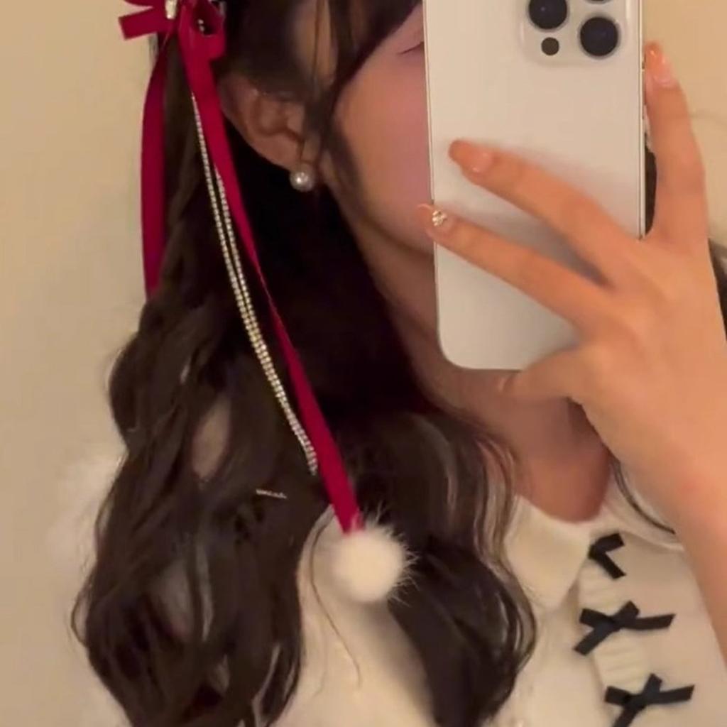 Cute Sweet Girly Bow Hair Clip Bow Long Ribbon Y2K Pompoms Bow Bunches Rhinestones Sweet Balletcore Style