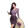 Elegant Purple Polka Dot Two-Piece Look Dress - Long Sleeve, Waist-Cinched, Hip-Hugging Short Skirt for Women, Spring and Autumn