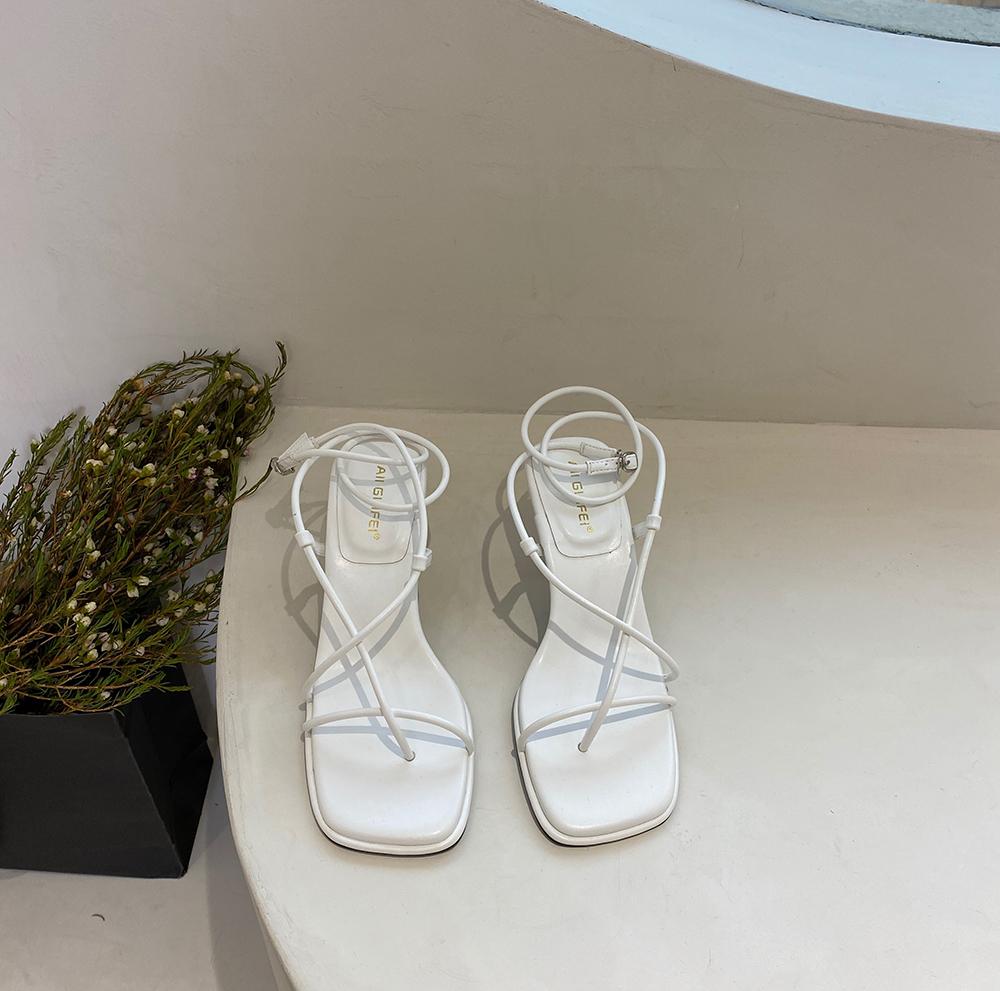 fashion Fashion Women Sandals Narrow Band Black White Blue Color Summer Dress Stiletto Thin High Heels Ankle Strap Party Pumps Size 40