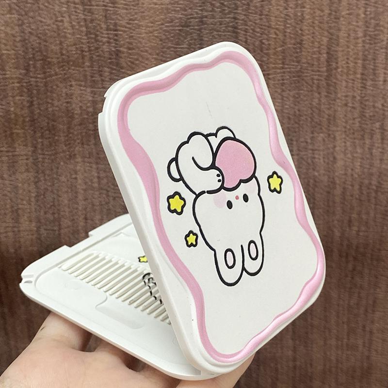Cute Rabbit Folding Mirror – Portable Handheld Makeup Mirror with Comb for Women and Girls
