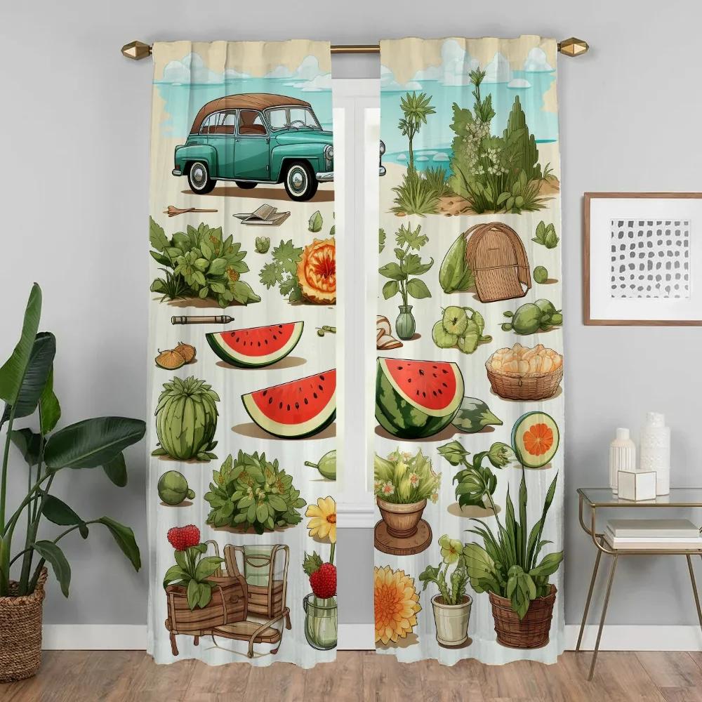 Perdele de bucătărie cu ilustrații de viață de vară pentru camera de zi, decorațiuni de Halloween, perdele interioare pentru casă, 2 piese, perdea de fereastră
