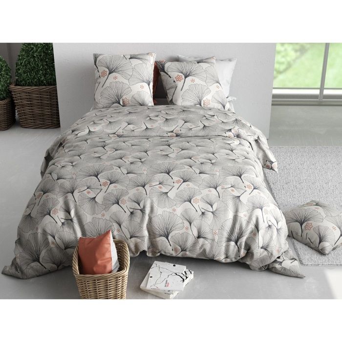 Parure De Lit - Housse Couette 240x260 Cm - 2 Taies - Motif Feuillage Ginkgo - 100% Coton Doux