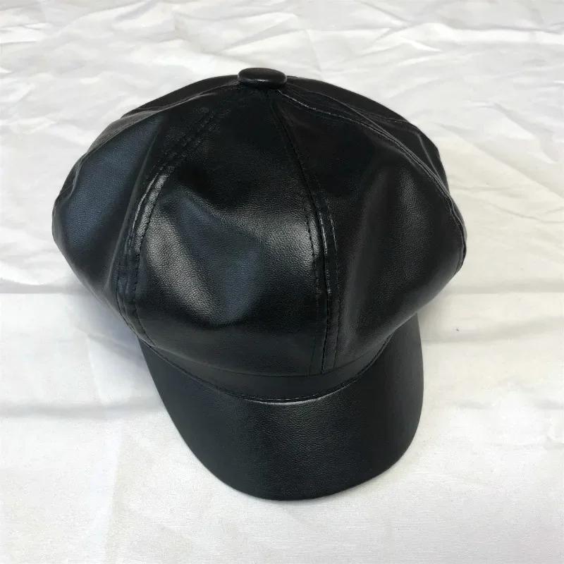 PU Achteckige Kappe Weibliche Mode Leder Kappe Ente Zunge Kappe Baskenmütze Frauen Hut Winter Hut