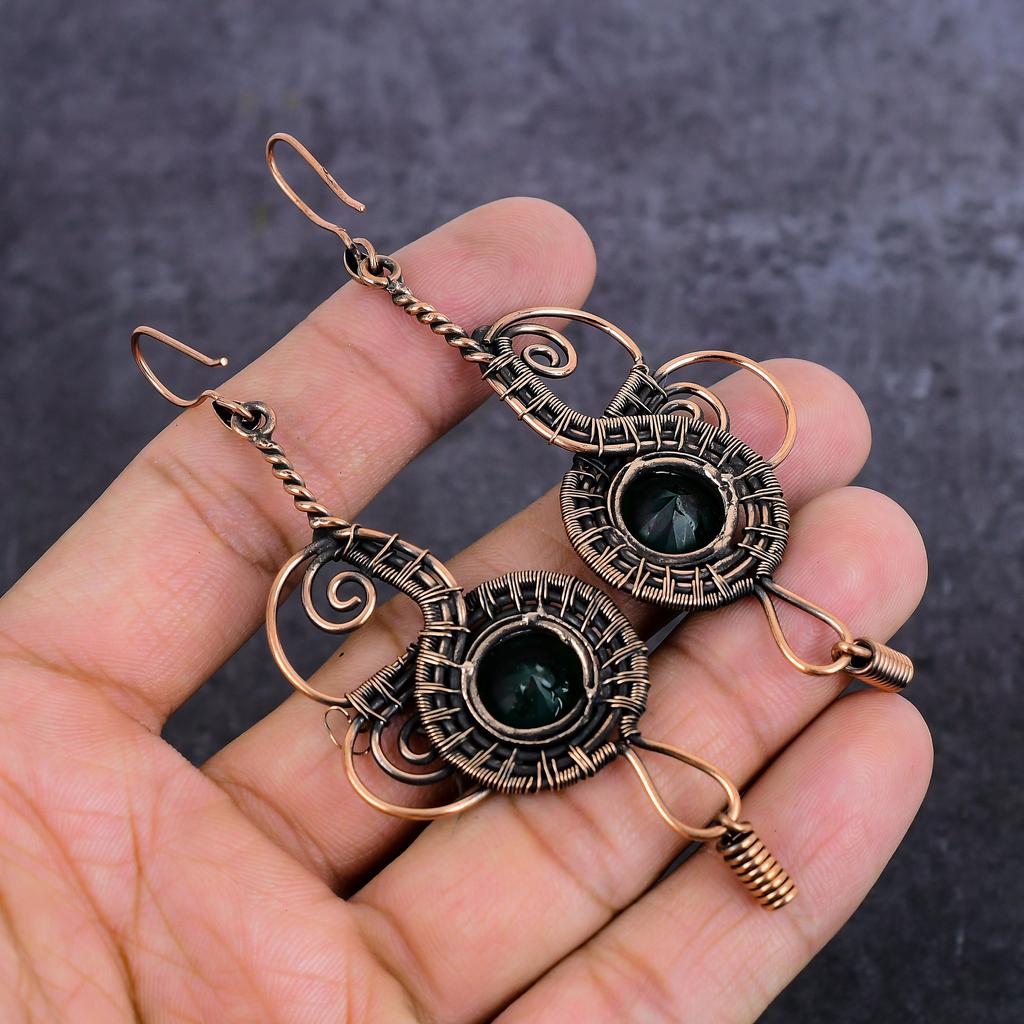 Natural Green Onyx Gemstone Handmade Copper Wire Wrap Jewelry Earring 3.74" Q9B96