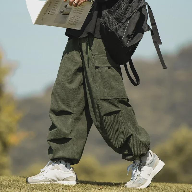 Men's Casual Trendy Army Green Corduroy Overalls - Autumn & Winter Wide-Leg Trousers