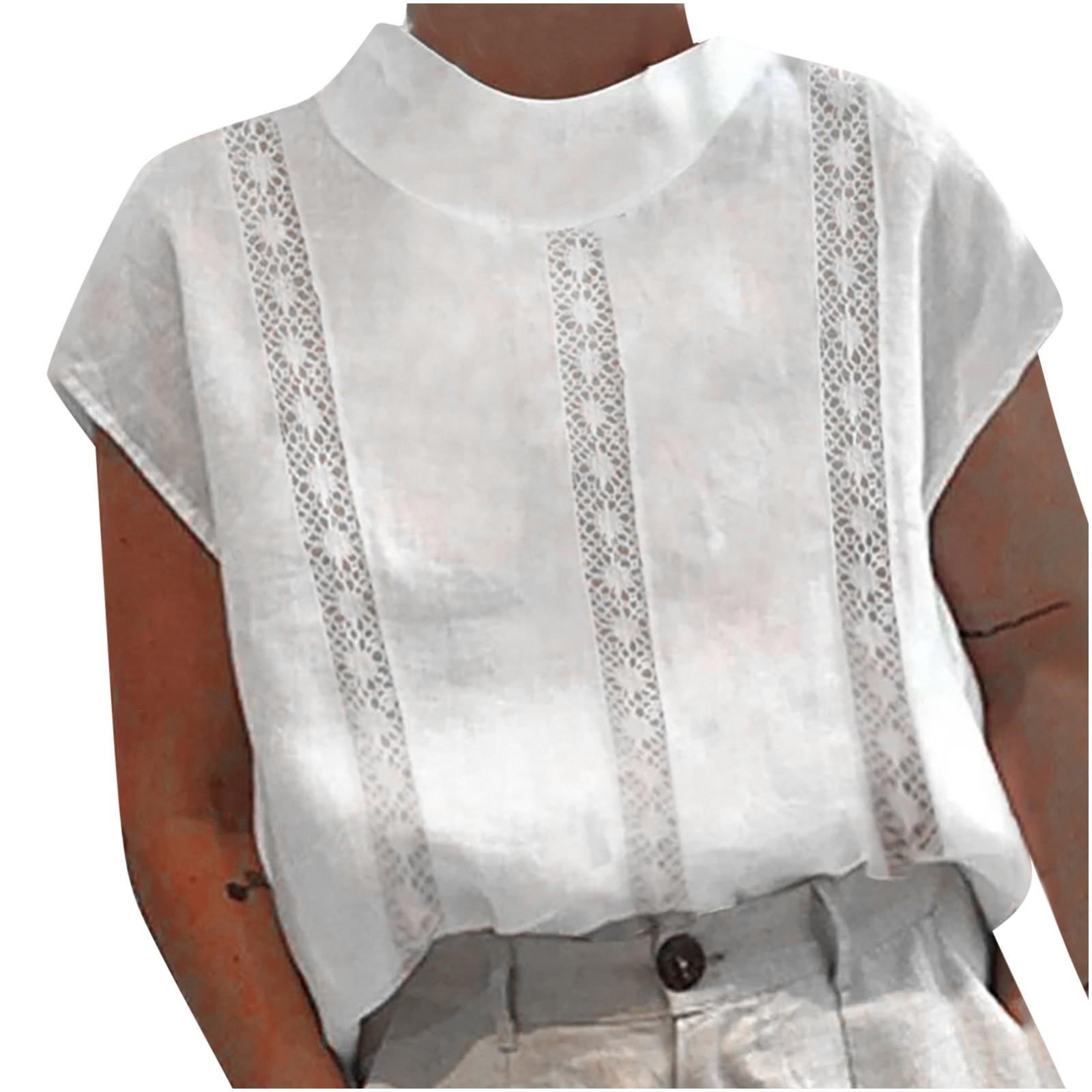 

Женские весенне-летние однотонные повседневные топы с высоким воротом, хлопковые льняные кружевные блузки