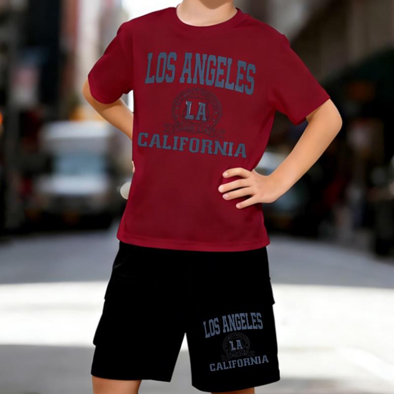 Boys 2 Piece Los Angeles Print Outfit, Short Sleeve T-Shirt and Shorts Set for Kids Age 5-14, Black and White Sporty Casual Summer Clothes