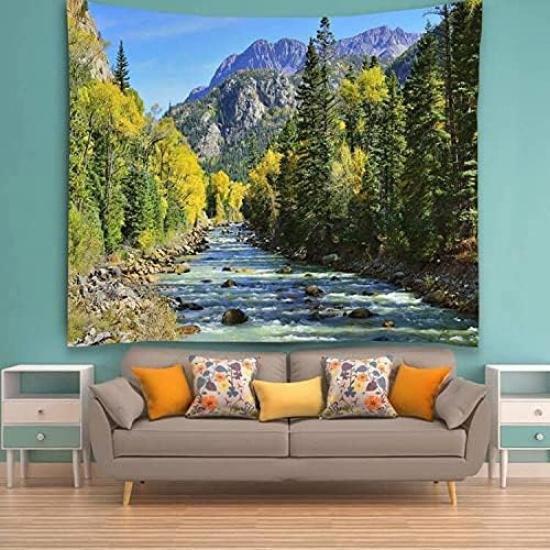 YISURE Nature Mountain Forest Tapestry, Scenic Green Pine Tree Waterfall Landscape Wall Hanging Tapestries for Home Office Dorm Indoor and Outdoor