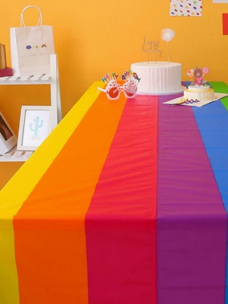 1pc Rainbow tablecloth 108-inch, plastic, waterproof and oil-proof wash free, home decor, birthday party, outdoor tablecloth