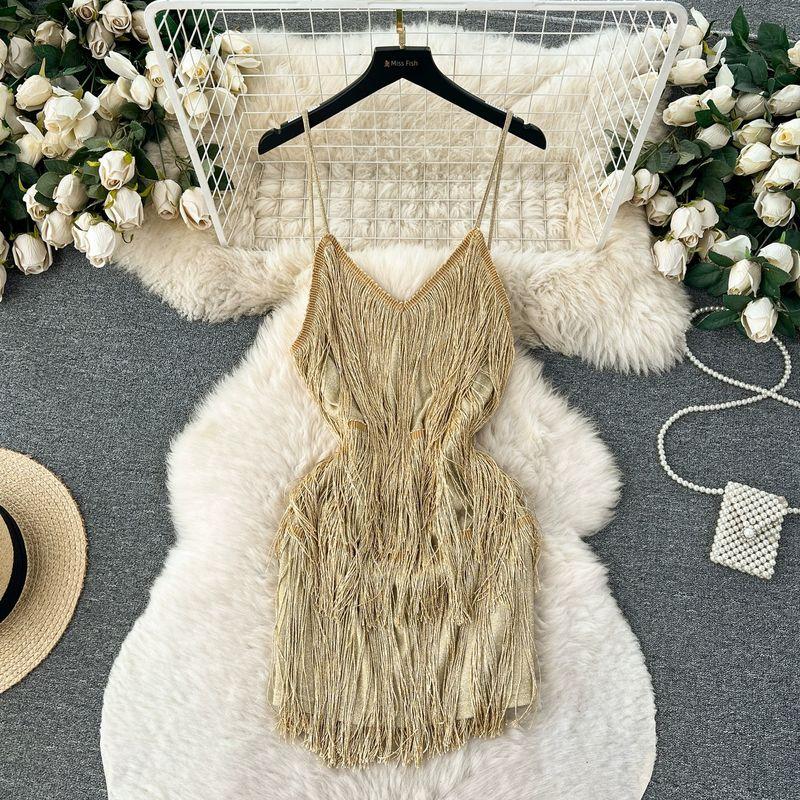 

Sexy Open Back Furry Tassel Slim Looking Sling Dress Gold L