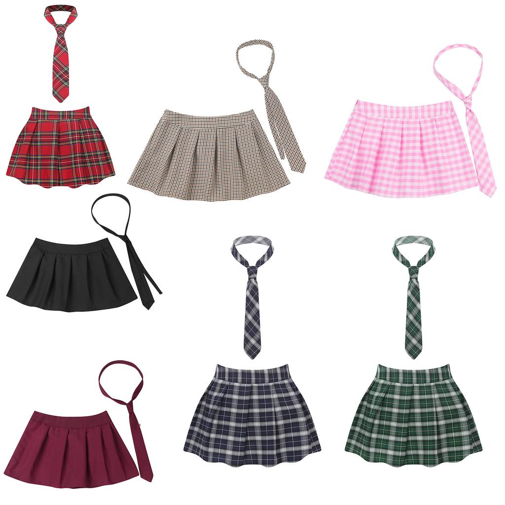 Women Plaid Pleated Mini Skirt with Attached Necktie School Uniform Style Zipper Closure Fancy Dress Costume
