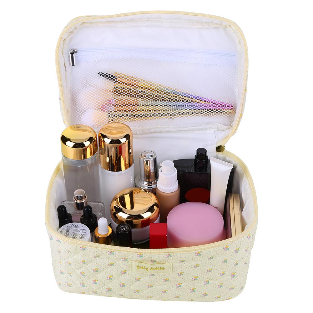 Double Layer Toiletry Bag with Compartments Cotton Makeup Cosmetic Bag Zipper Closure Floral for Toiletries Accessories Brushes