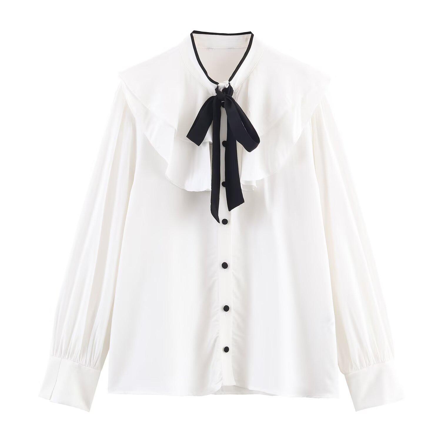 European & American Style Color Block Bow Long Sleeve Shirt S белый