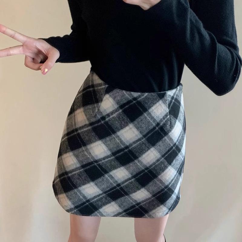 High Waist Retro Woolen Plaid A-line Skirt for Women (Spring/Autumn/Winter)