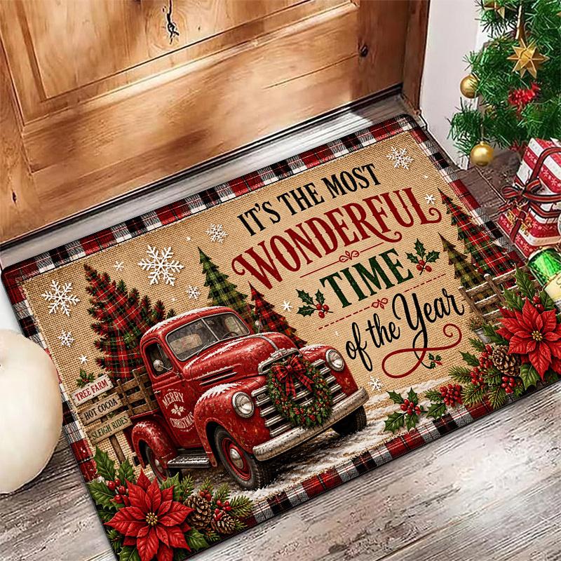 Winter Christmas Non Slip Red Black Plaid Bow Snowy House Design Indoor Outdoor Rug Xmas House Party Holiday Entry Decoration