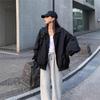 Chaqueta de Béisbol Negra Oversize para Mujer Ropa Exterior Casual de Otoño Corte Holgado Cuello Polo Manga Larga