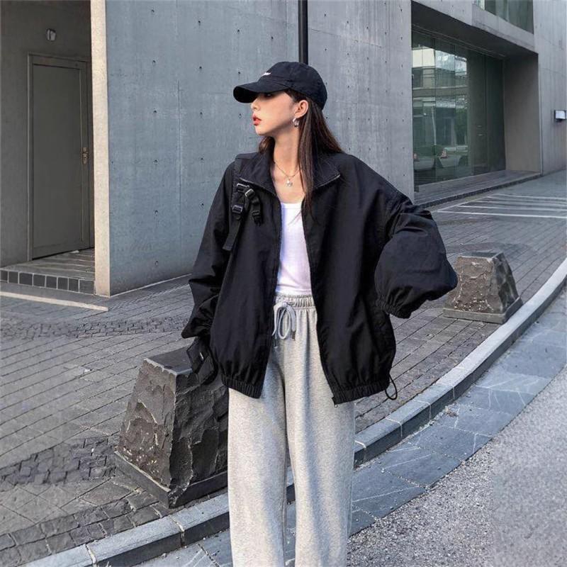 Chaqueta de Béisbol Negra Oversize para Mujer Ropa Exterior Casual de Otoño Corte Holgado Cuello Polo Manga Larga