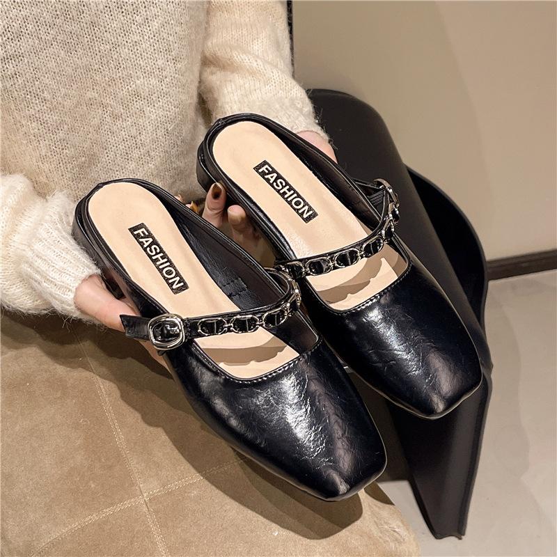 2025 spring and summer fashion chain thick heel single shoes low heel chain with skirt retro half slippers women's new outer wear