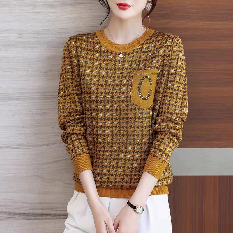 Round Neck Spring Autumn Women New Tops Middle-aged Elderly Mothers Houndstooth Plaid Sweaters