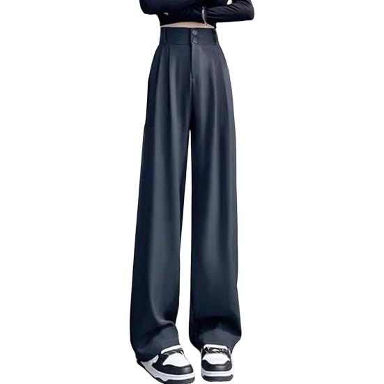 Calças femininas cintura alta reta perna larga calças com bolsos botão zíper braguilha cor sólida solto ajuste terno calças trabalho wear