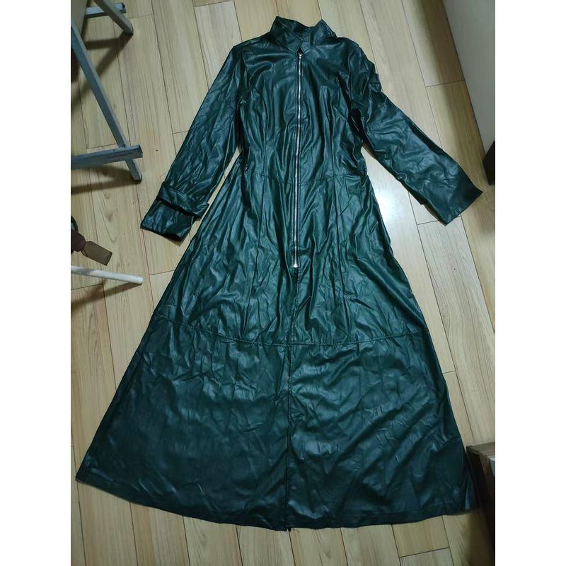Fall Fashion Pure Color Long Section with a Stand Collar Temperament Plus Size Thin Coat with Zip Without Lining Outwear PU Leather Coat Women's Coat